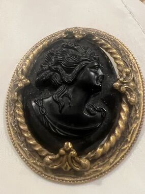 Vintage Victorian Style Black Resin Cameo Brooch with Gold Frame